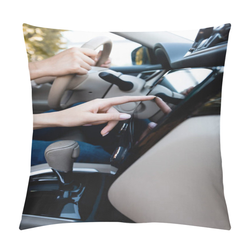 Personality  Cropped View Of Woman Using Audio System While Husband Driving Auto  Pillow Covers