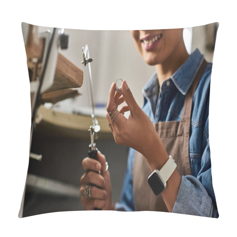 Personality  A Talented Woman Smiles As She Crafts Beautiful Jewelry With Precision In Her Inviting Workspace. Pillow Covers