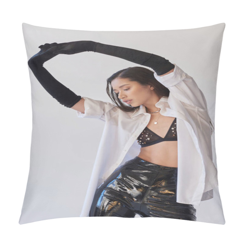 Personality  Personal Style, Young Asian Woman With Brunette Hair Posing With Raised Hands On Grey Background, White Shirt And Black Gloves, Model Posing In Latex Shorts In Studio, Fashion Statement, Bold Style Pillow Covers