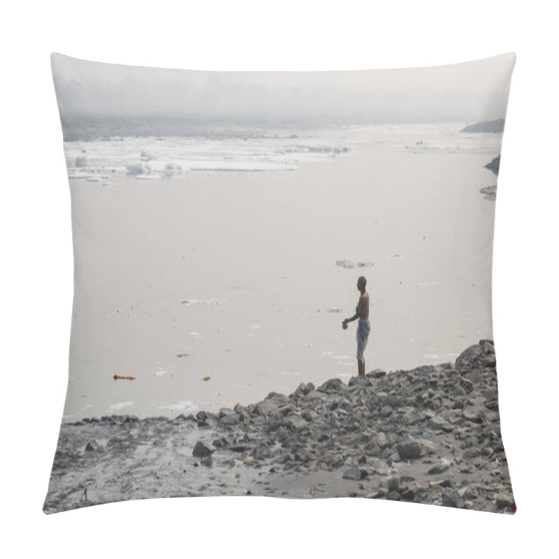 Personality  Isolated Man Performing Holy Rituals In Polluted River With Toxic Foam At Misty Morning Pillow Covers