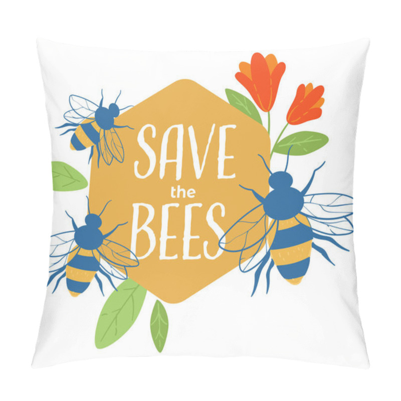 Personality  Bees With Flowers And Beehive, Isolated Banner With Inscription And Insects. Endangered Biodiversity And Beekeeping Industry, Ecologically Friendly And Organic Production. Vector In Flat Style Pillow Covers