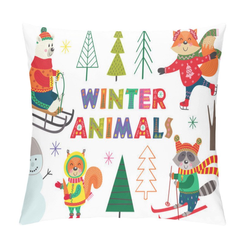 Personality  Set Of Isolated Winter Fun With Animals Part 1 - Vector Illustration, Eps Pillow Covers