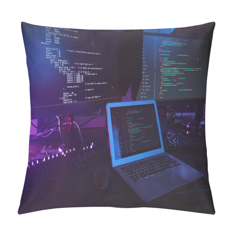 Personality  Background Image Of Various Computer Equipment With Programming Code On Screens On Table In Dark Room, Cyber Security Concept, Copy Space Pillow Covers