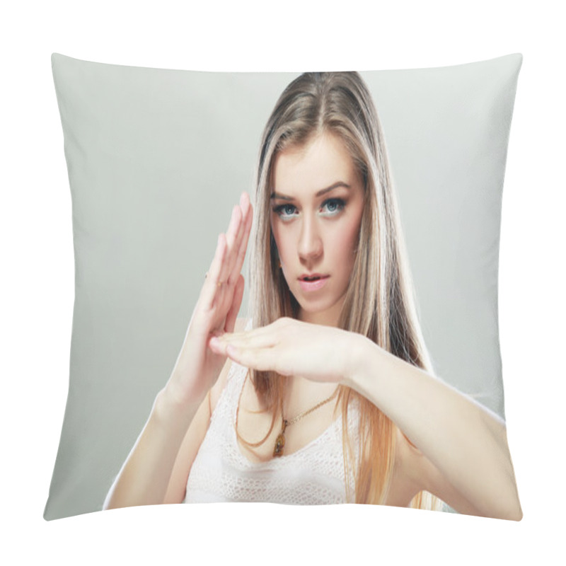 Personality  Woman Showing Time Out Hands Gesture  Pillow Covers