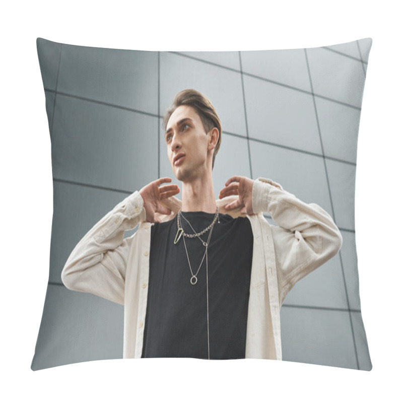 Personality  Stylishly Dressed Young Queer Person Poses Confidently, Hands Resting On Shoulders In A Display Of Pride And Self-assurance. Pillow Covers