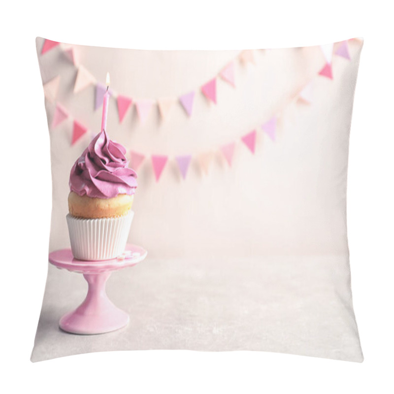 Personality  Delicious Birthday Cupcake With Burning Candle On Table Pillow Covers