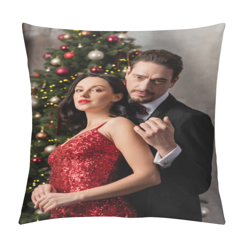 Personality  Handsome Man In Tuxedo And Beautiful Woman In Red Elegant Dress Near Christmas Tree,  Rich Couple Pillow Covers