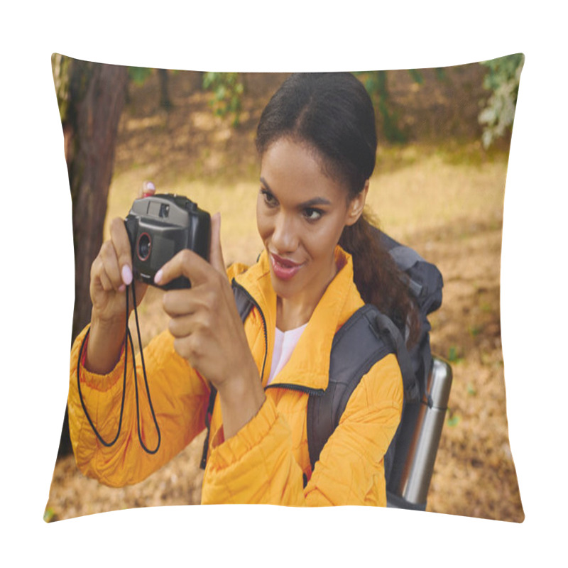 Personality  A Young African American Woman Enjoys Hiking Through An Autumn Forest, Capturing Beautiful Moments. Pillow Covers