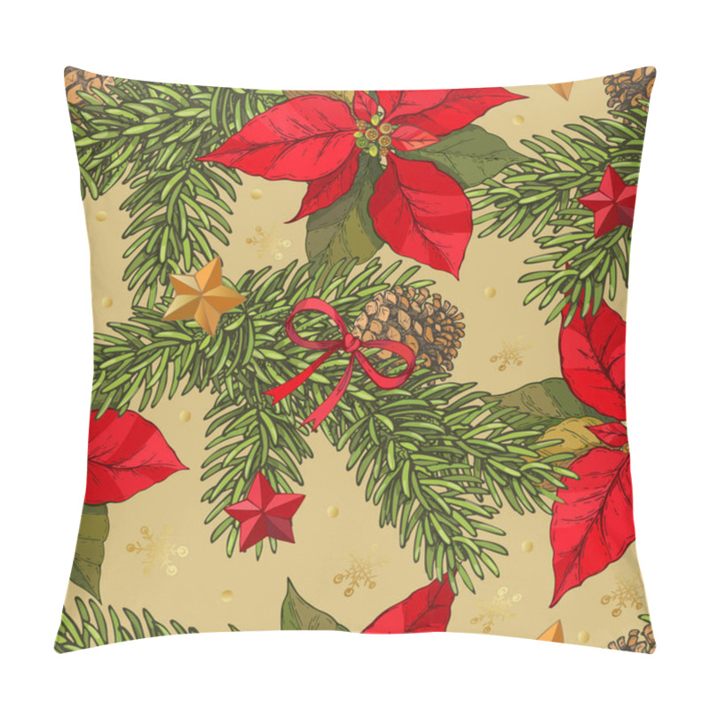 Personality  Vector Seamless Christmas Background With Hand Drawn With Spruce Branches, Cones, Poinsettia Flowers, Red And Gold Stars, Red Bows And Gold Snowflakes Pillow Covers