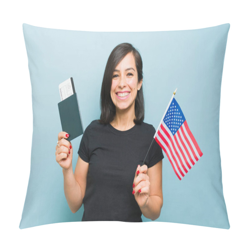 Personality  Caucasian Attractive Woman In A Migration Concept With Her Passport And US Flag Happy About The American Dream Patriot Pillow Covers