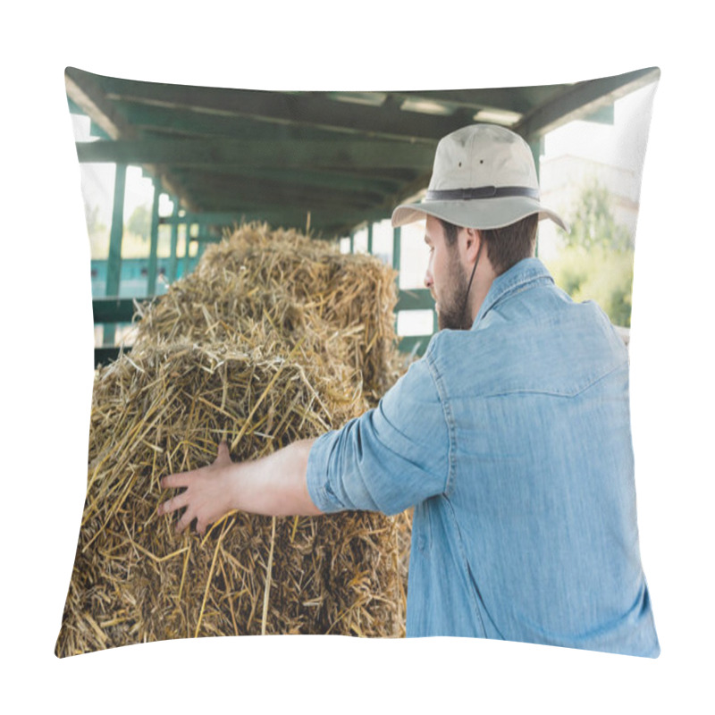 Personality  Farmer In Brim Hat Stacking Hay While Working On Farm Outdoors Pillow Covers