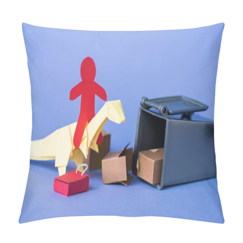 Personality  Paper Human On Origami Dinosaur Near Trash Can And Carton Boxes On Blue  Pillow Covers