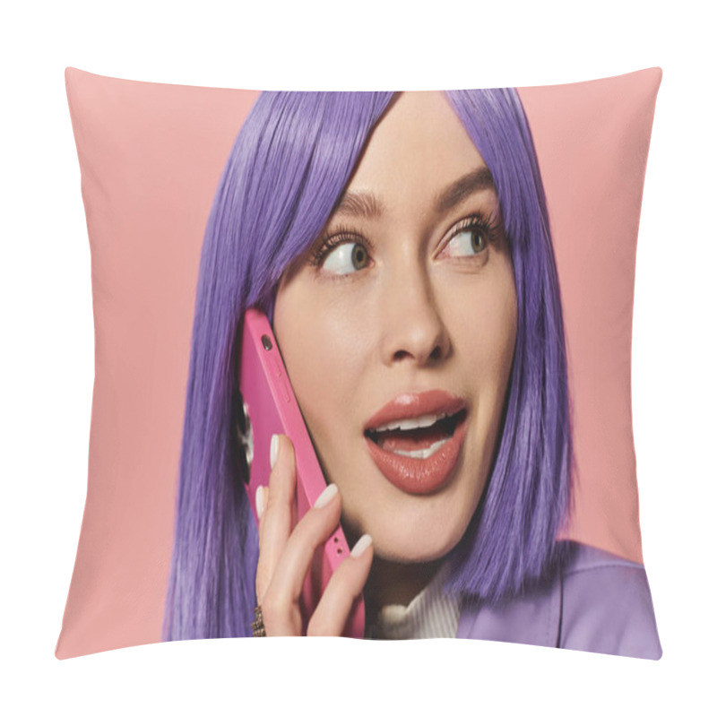 Personality  A Vibrant Woman With Purple Hair Engages In A Lively Conversation On Her Pink Phone. Pillow Covers