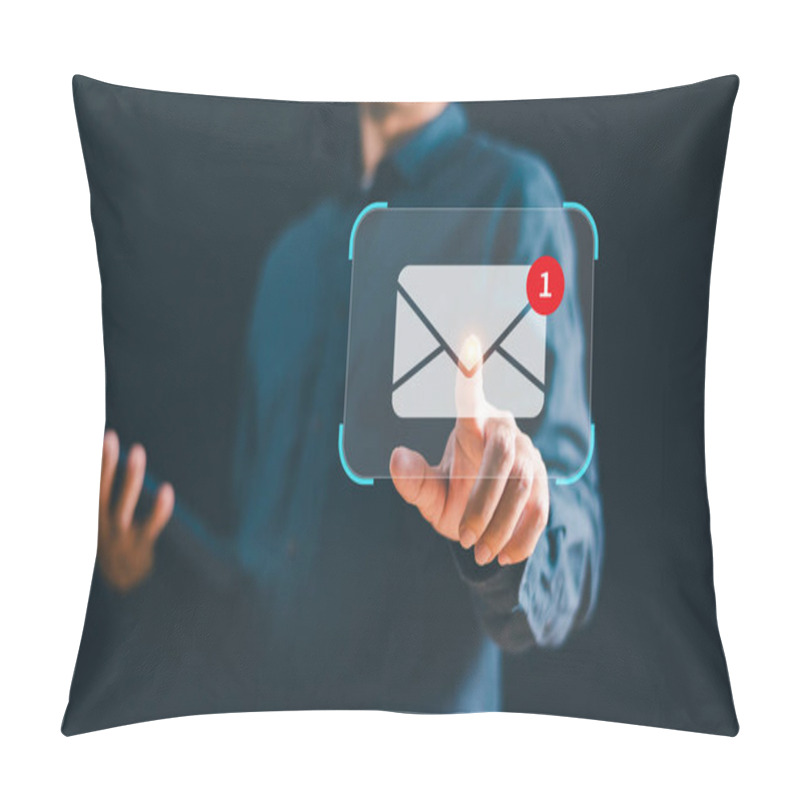 Personality  New Email Notification Concept, Business E-mail Communication, Digital Marketing Campaign. Receive Notification Of Electronic Messages Inbox. Businessman Touch Email Alert Screen Internet Technology Pillow Covers