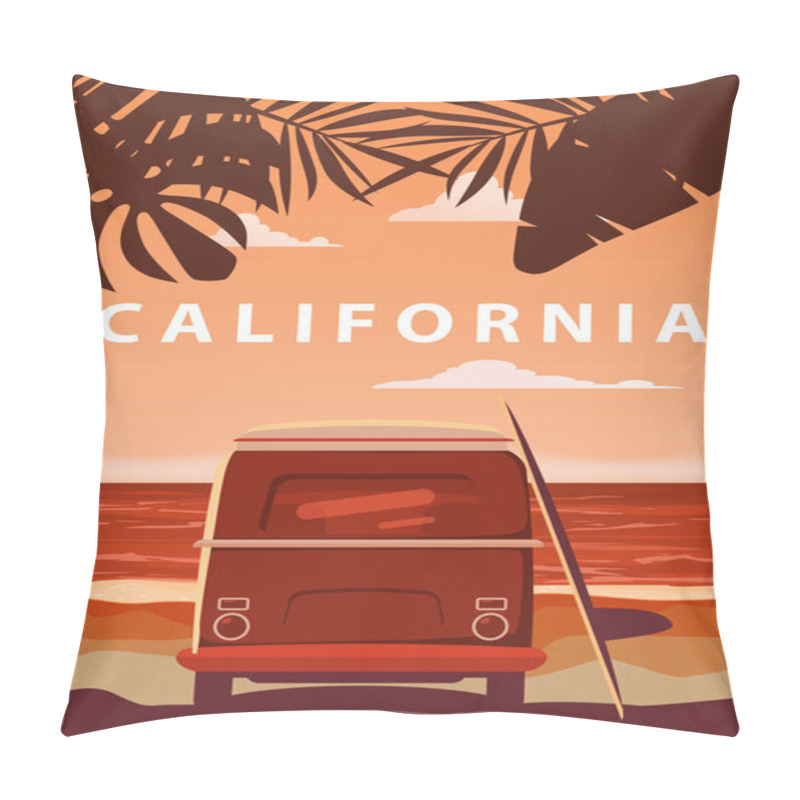 Personality  Surfer Orange Bus, Van, Camper With Surfboard On The Tropical Beach. Poster California Palm Trees And Blue Ocean Behind. Retro Illustration Of Modern Design, Isolated, Vector Pillow Covers