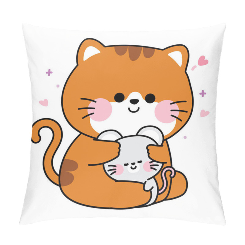 Personality  Cute Cat Meow Doll Hug Tiny Rat Mouse With Heart.Rodent And Pet Animal Character Cartoon Design.Image For Sticker,baby Clothing,stationary.Kawaii.Vector.Illustration. Pillow Covers