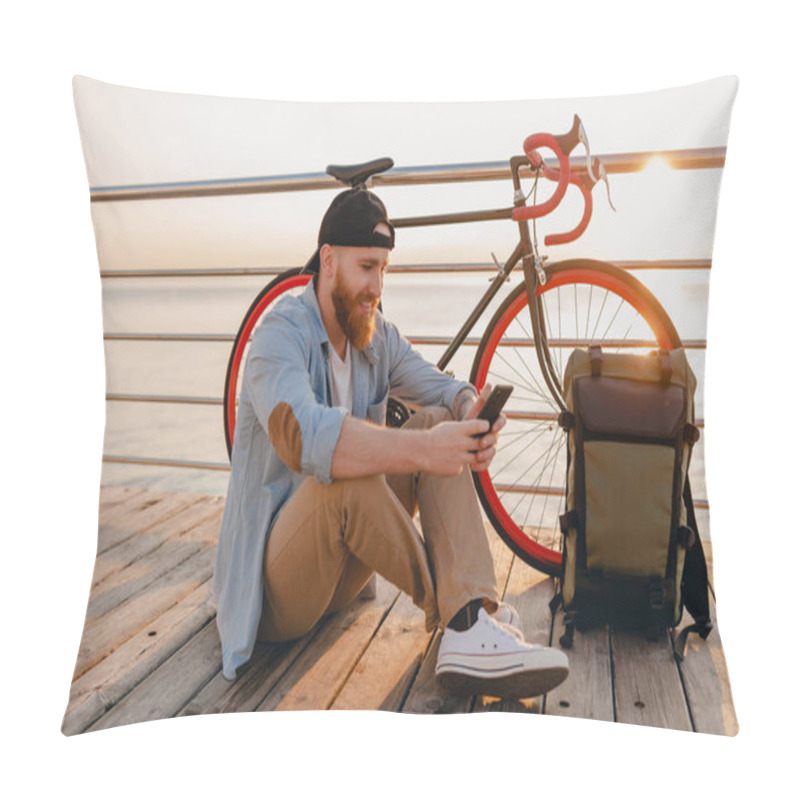 Personality  Handsome Hipster Bearded Man Traveling On Bicycle With Backpack Using Smartphone In Morning Sunrise By The Sea, Healthy Active Lifestyle Pillow Covers