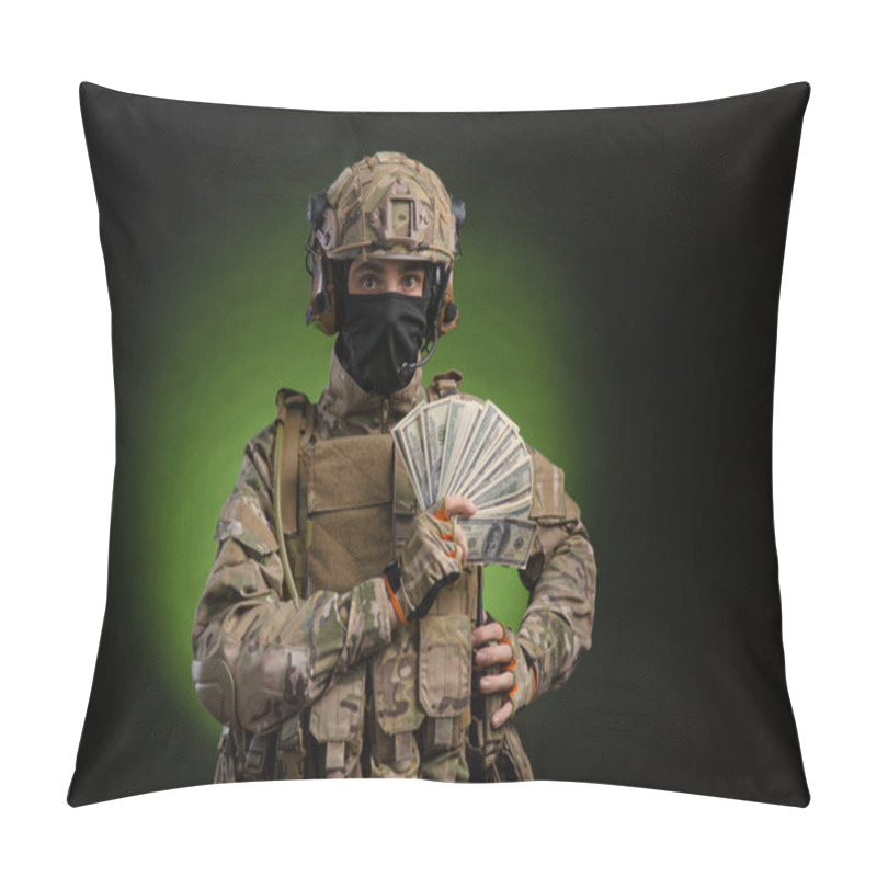 Personality  A Male Soldier In Military Clothes With A Weapon On A Dark Background With Money Pillow Covers