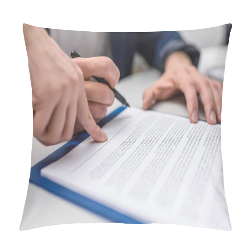 Personality  Cropped Shot Of Client Signing Contract While Manageress Pointing At It Pillow Covers