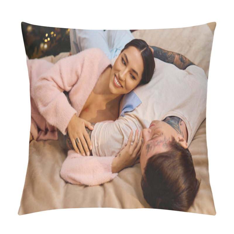 Personality  Couple Embraces And Shares Laughter While Relaxing On A Soft Blanket In A Warm Setting. Pillow Covers