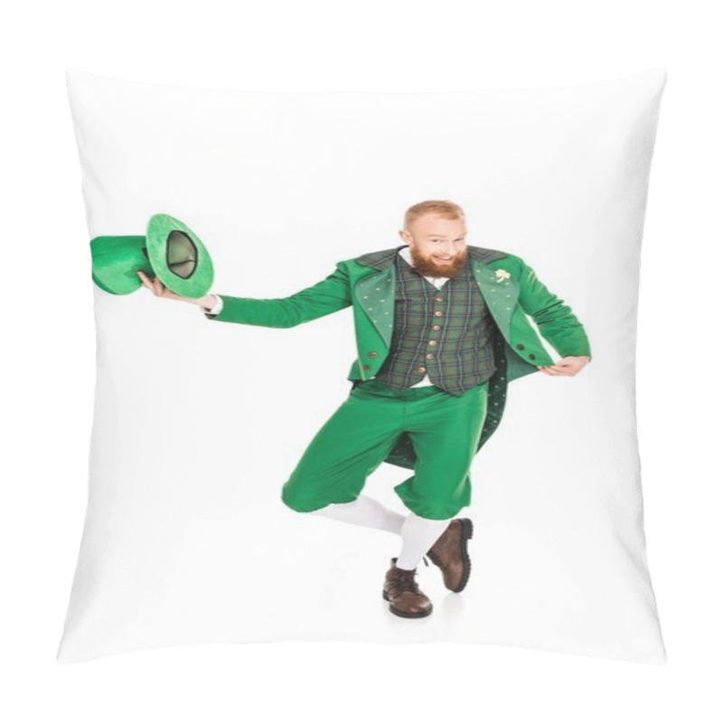 Personality  Handsome Leprechaun In Green Costume Holding Hat, Isolated On White Pillow Covers