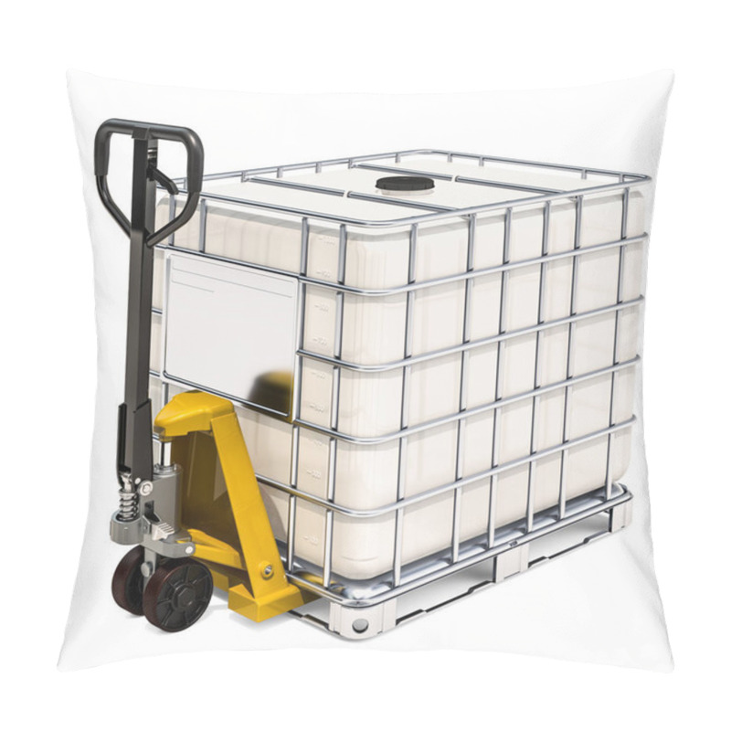 Personality  Hydraulic Pallet Jack With White Intermediate Bulk Container, 3D Rendering Isolated On White Background Pillow Covers