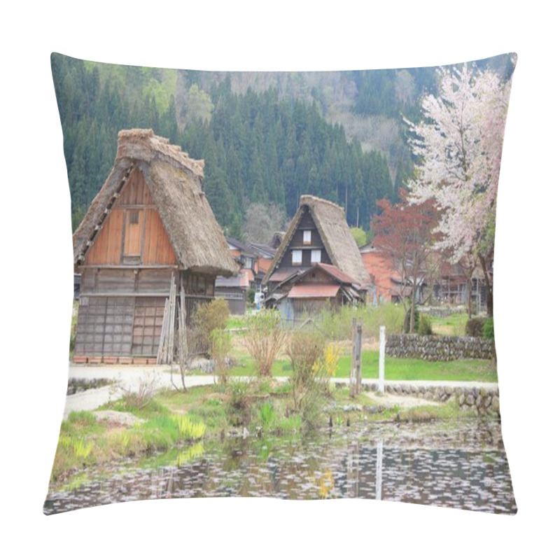 Personality  Japan Landmark Village. Shirakawa-go Traditional Village In Japan. Spring Time Cherry Blossoms. Pillow Covers