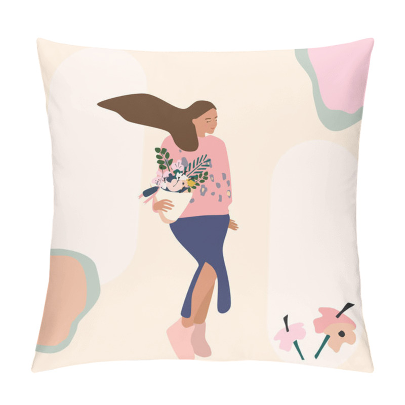 Personality  A Girl In A Skirt With A Slit Carries A Bouquet Of Flowers. Gift Concept, International Women's Day. Flower Shop Template.Hand Drawn Vector Illustration Leopard Print Sweater,fluttering Hair,abstract. Pillow Covers