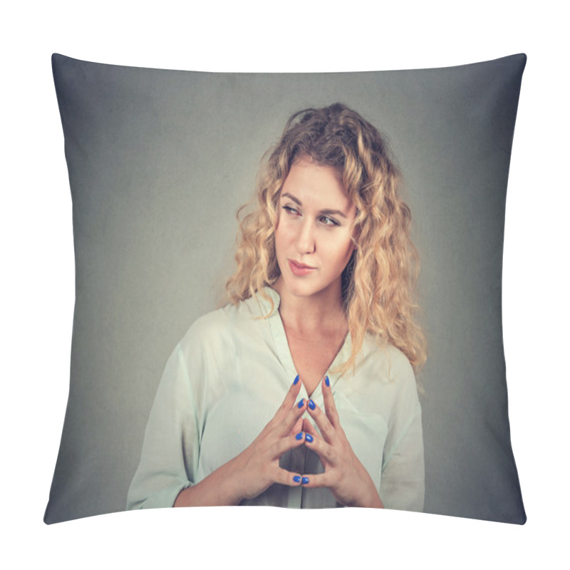 Personality  Sneaky, Sly, Scheming Young Woman Plotting Something  Pillow Covers