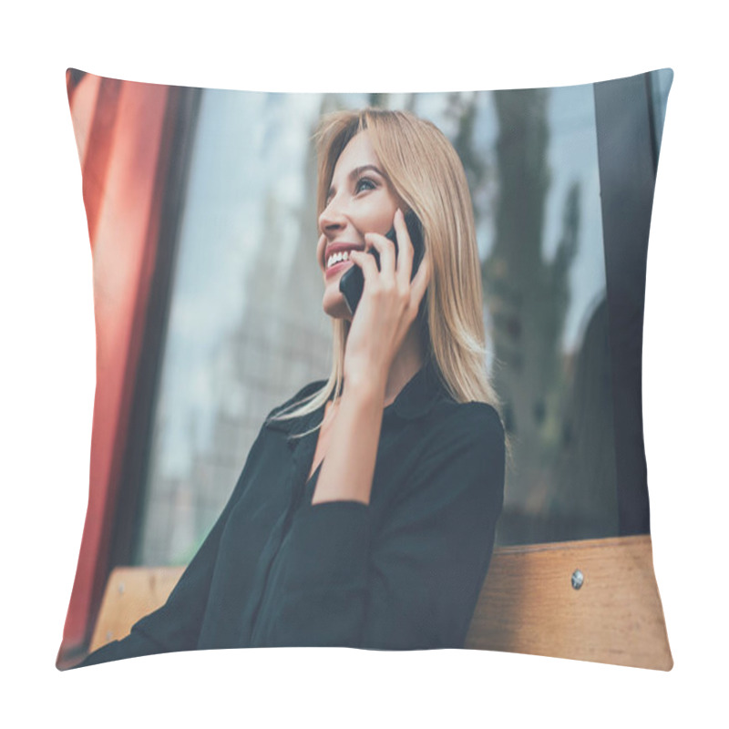 Personality  Cheerful Caucasian Hipster Girl With Blonde Hair Smiling During Positive Smartphone Conversation With Friend, Happy Woman Using 4g Roaming Internet Connection For Phoning Via Cellphone Application Pillow Covers