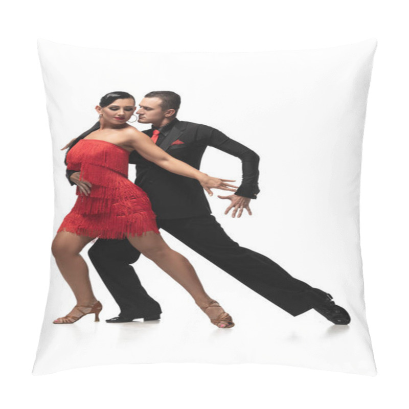 Personality  Elegant, Sensual Couple Of Dancers Performing Tango On White Background Pillow Covers