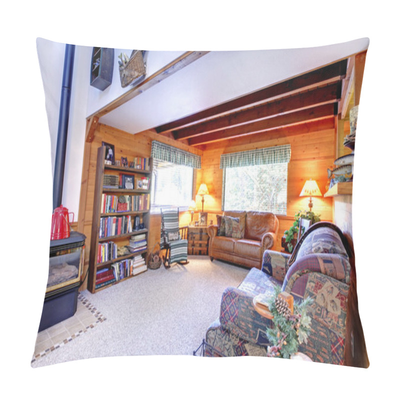 Personality  Living Room Interior With Antique Fireplace In Log Cabin House Pillow Covers