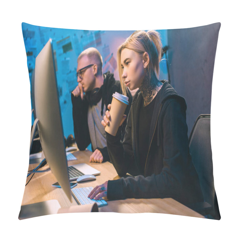 Personality  Young Female Hacker Drinking Coffee And Working On Malware With Accomplice Pillow Covers