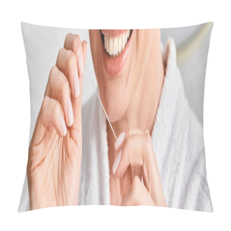 Personality  Cropped View Of Jolly Woman In Bathrobe Cleaning Her Teeth With Dental Floss In Bathroom, Banner Pillow Covers