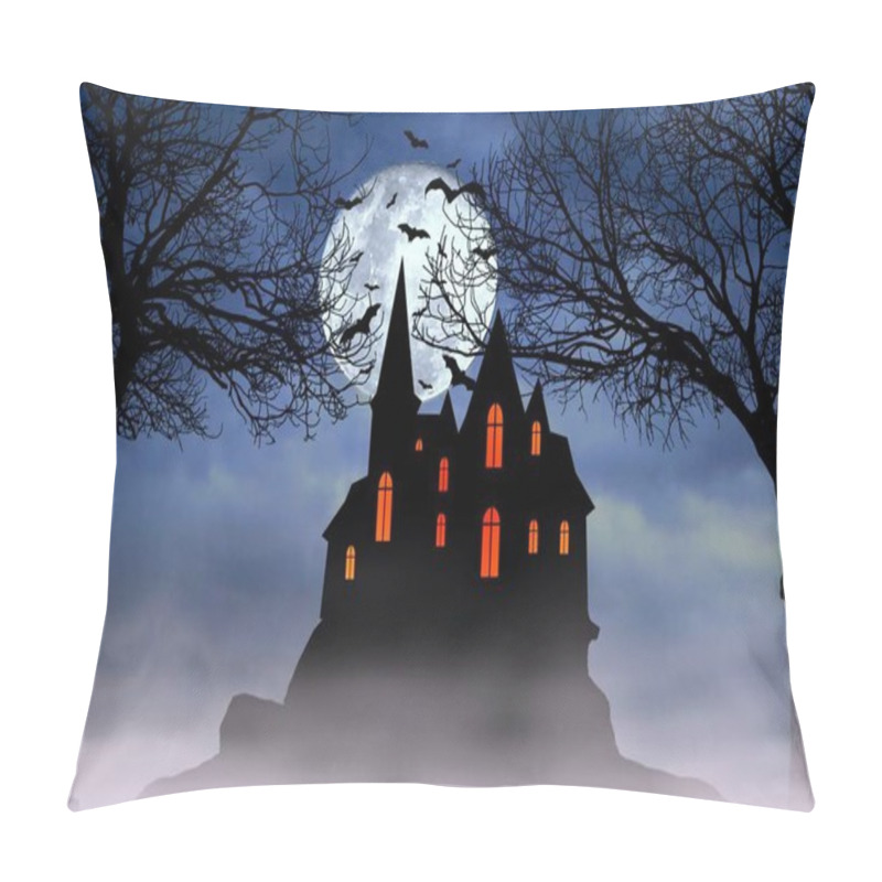 Personality  Halloween Full Moon Night Background With Haunted House, Scary Dead Trees, And Bats. Pillow Covers