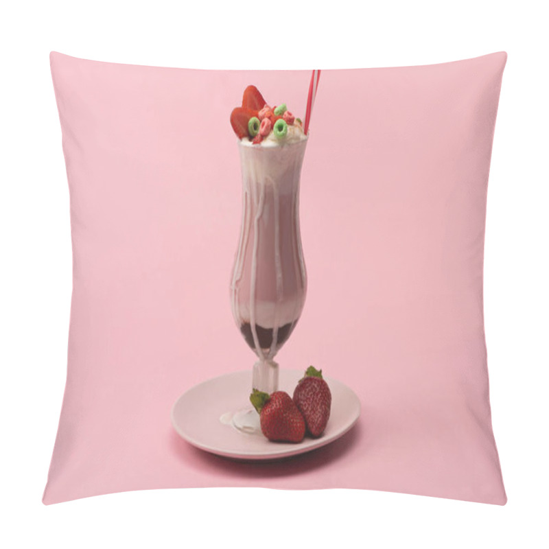 Personality  Glass Of Milkshake With Drinking Straw, Candies And Strawberries On Plate On Pink Background Pillow Covers