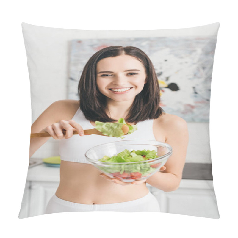 Personality  Beautiful Sportswoman Smiling At Camera While Holding Bowl With Fresh Salad In Kitchen Pillow Covers