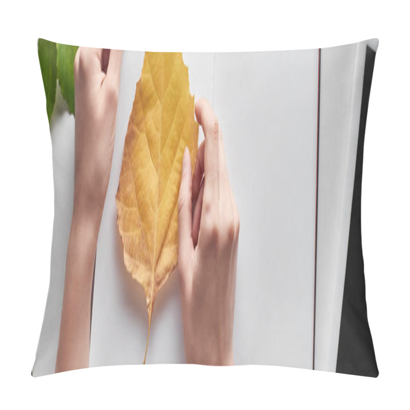 Personality  Cropped View Of Female Hands Near Yellow Leaf Of Alder, Blank Notebook And Digital Tablet On White Table, Panoramic Shot  Pillow Covers