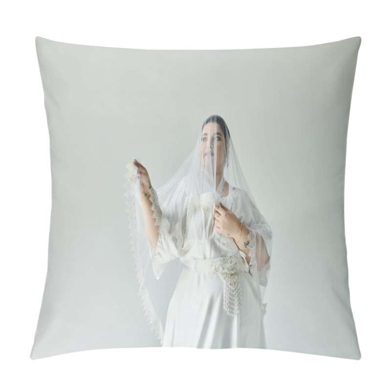 Personality  A Stunning Young Woman In A White Gown And Earrings Gracefully Poses, Showcasing Her Bridal Elegance. Pillow Covers