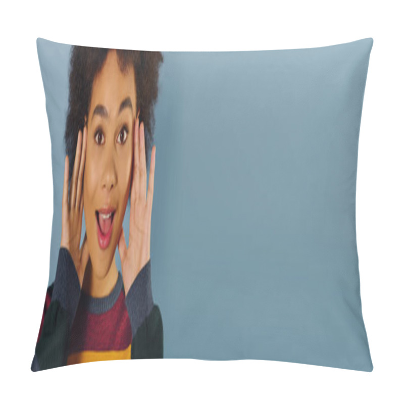 Personality  An Emotional Young Woman Displays Excitement And Happiness With A Vibrant Touch In Her Look. Pillow Covers