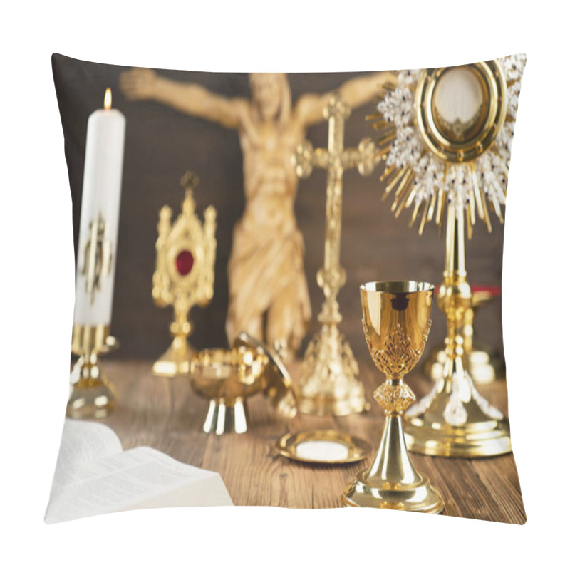 Personality  The Cross, Monstrance, Golden Chalice And Bible On The Wooden Altar. Pillow Covers