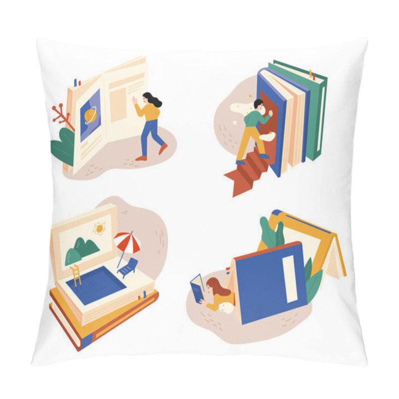 Personality  People Reading A Huge Book Open. There Are Many Different Worlds In The Book. Flat Design Style Minimal Vector Illustration. Pillow Covers