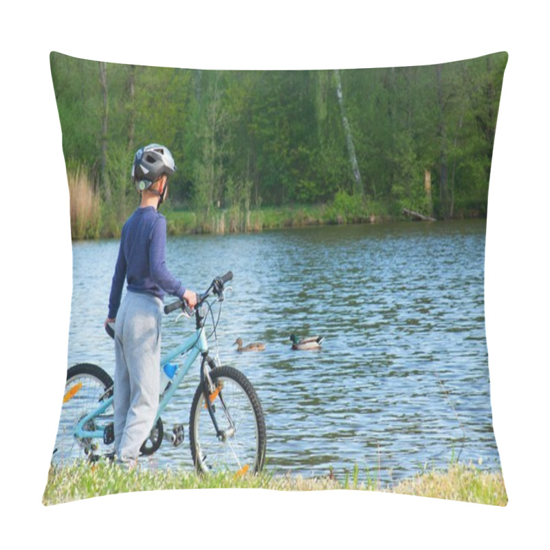 Personality  Small Boy, Bikerider In Sport Helmet  On The Beach. Pillow Covers