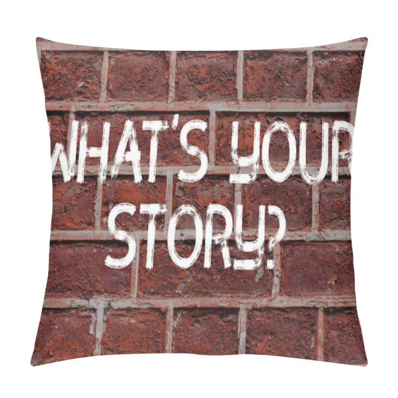 Personality  Text Sign Showing What S Is Your Story Question. Conceptual Photo Being Asked By Someone About My Own Journey From Beginning Till Now Brick Wall Art Like Graffiti Motivational Call Written On The Wall Pillow Covers