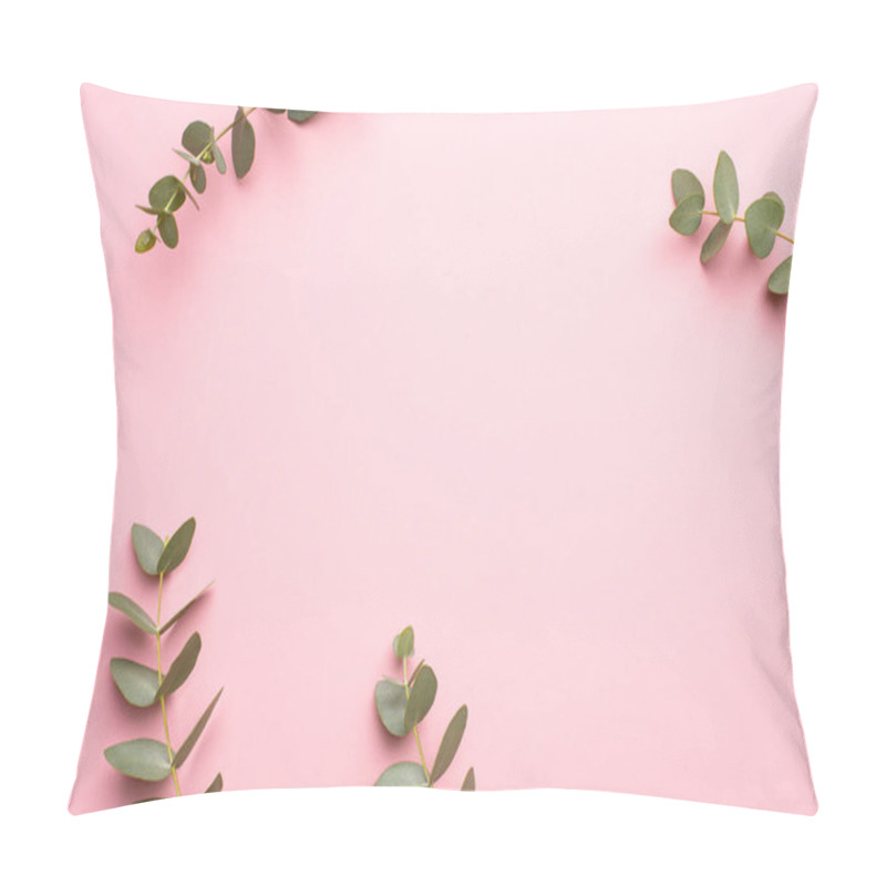 Personality  Green Plant Eucalyptus On A Pink Background Top View Pillow Covers