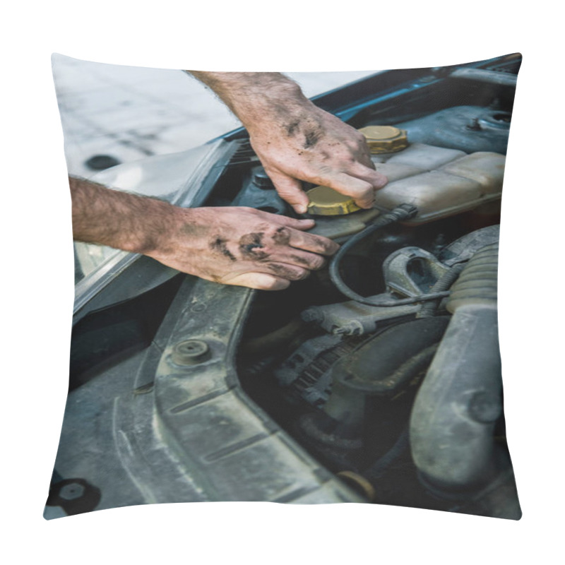 Personality  Cropped View Of Car Mechanic With Mud On Hands Changing Car Oil  Pillow Covers