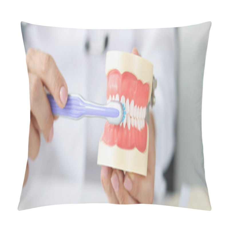 Personality  Dentist Shows Correct Model Of Teeth And Toothbrush. Oral Care And Brushing Lesson For Patient Concept Pillow Covers