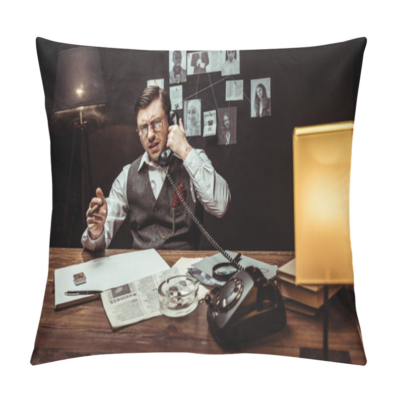 Personality  Irritated Detective In Glasses Holding Cigar And Talking On Telephone In Dark Office Pillow Covers