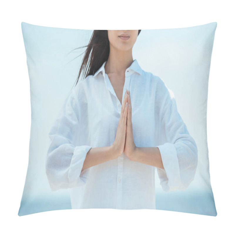 Personality  Cropped Image Of Asian Woman Doing Namaste Mudra Gesture On Beach  Pillow Covers