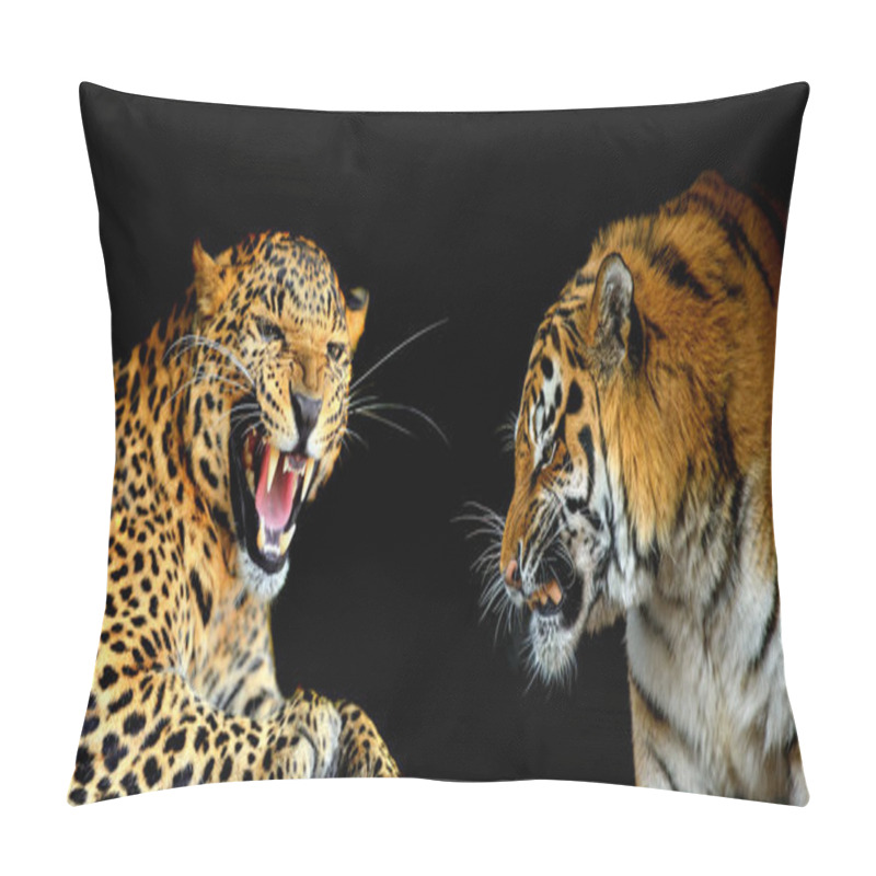 Personality  Leopard Against Tiger. Portraits Of Two Big Wild Cats On A Black Background Pillow Covers